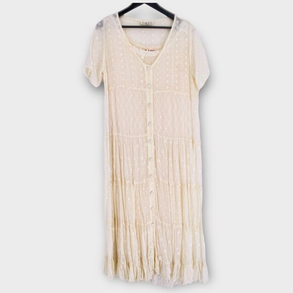 Vintage Alexander Brown Crinkle Eyelet Lace Layered Slip Embroidered Maxi Dress - Picture 5 of 9